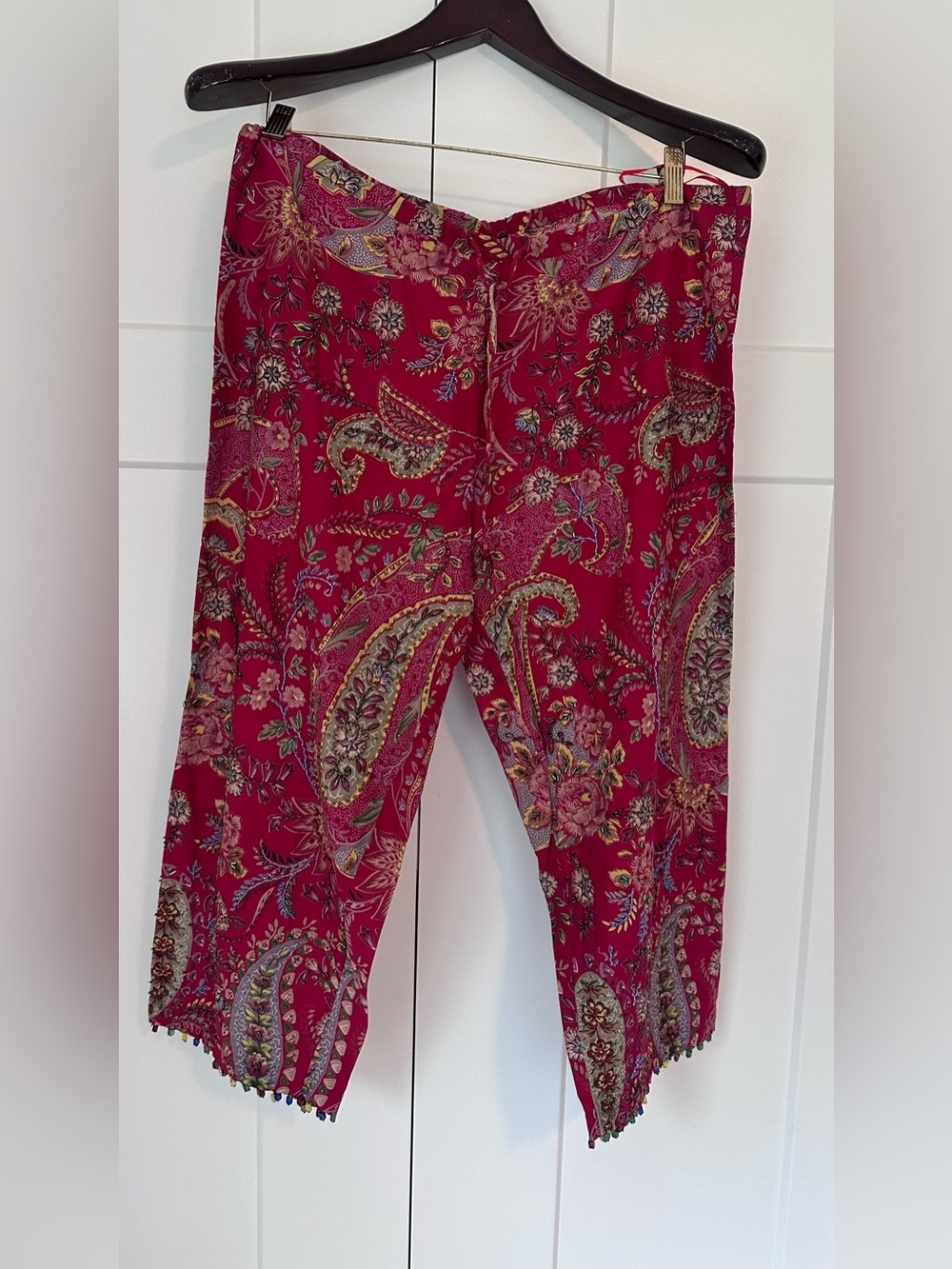 Ario Beaded Boho Paisley Print‎ Drawstring Red Cropped Pants